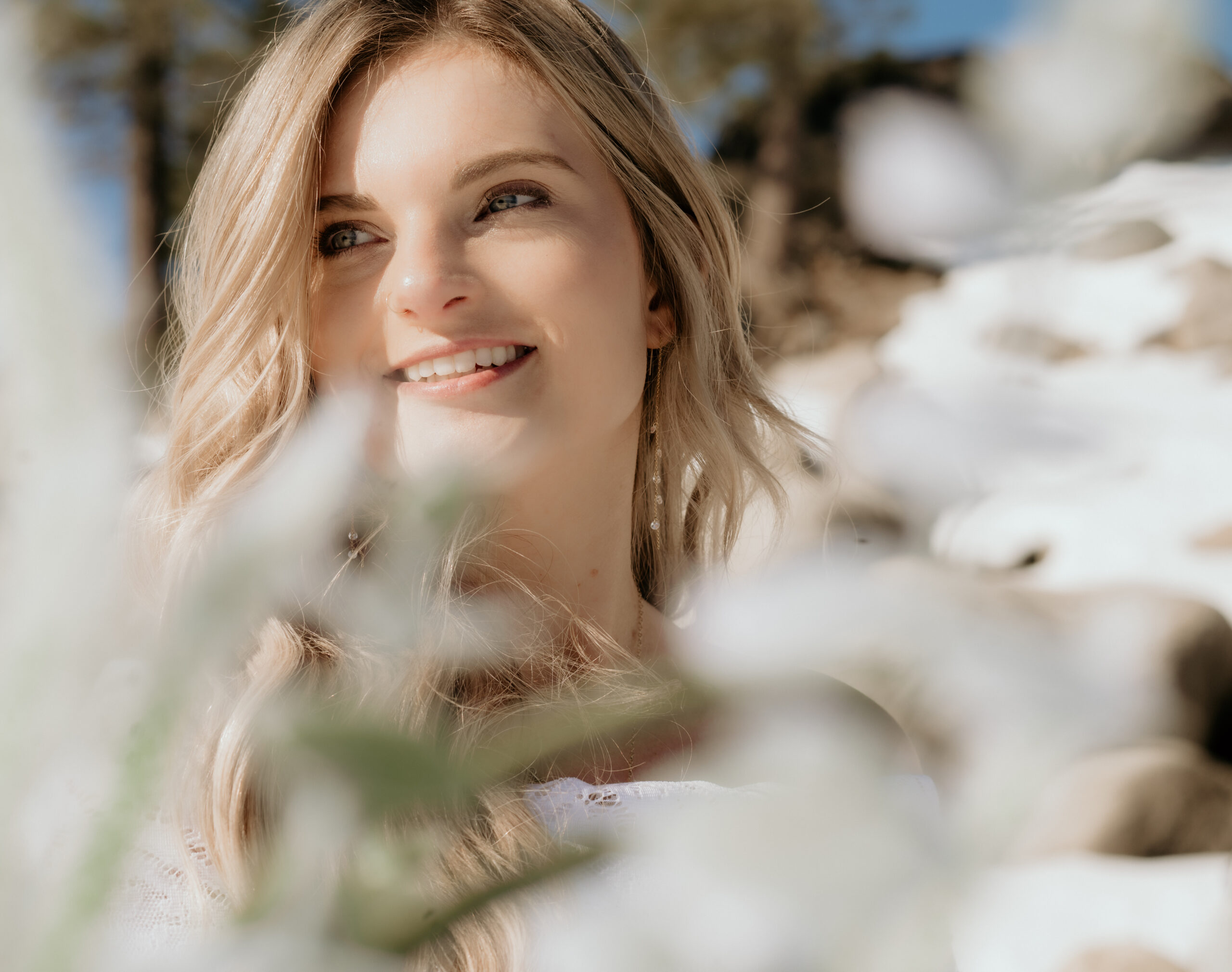 Bride in winter wedding dress at Bear River Reservoir elopement