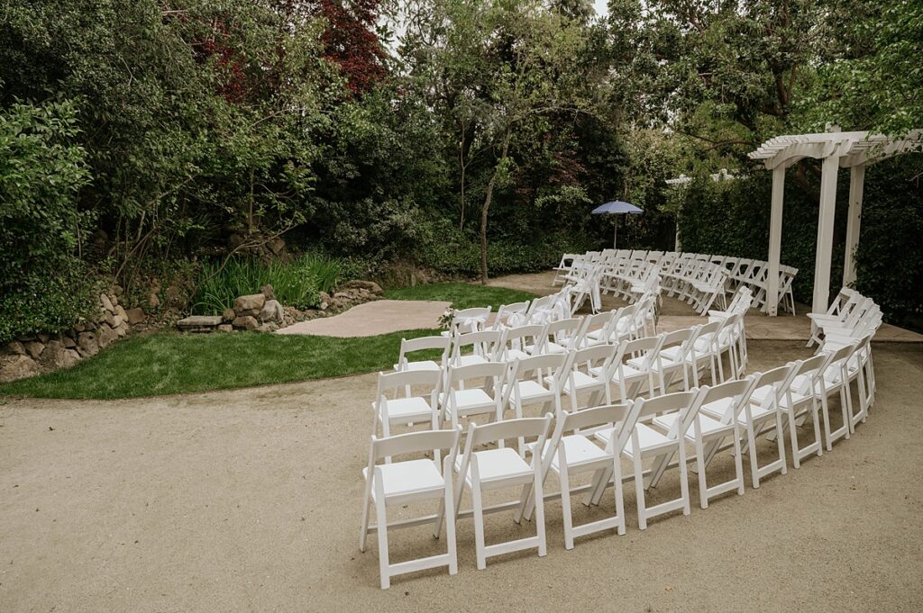 The seating and ceremony space at Hanford Garden are photographed 