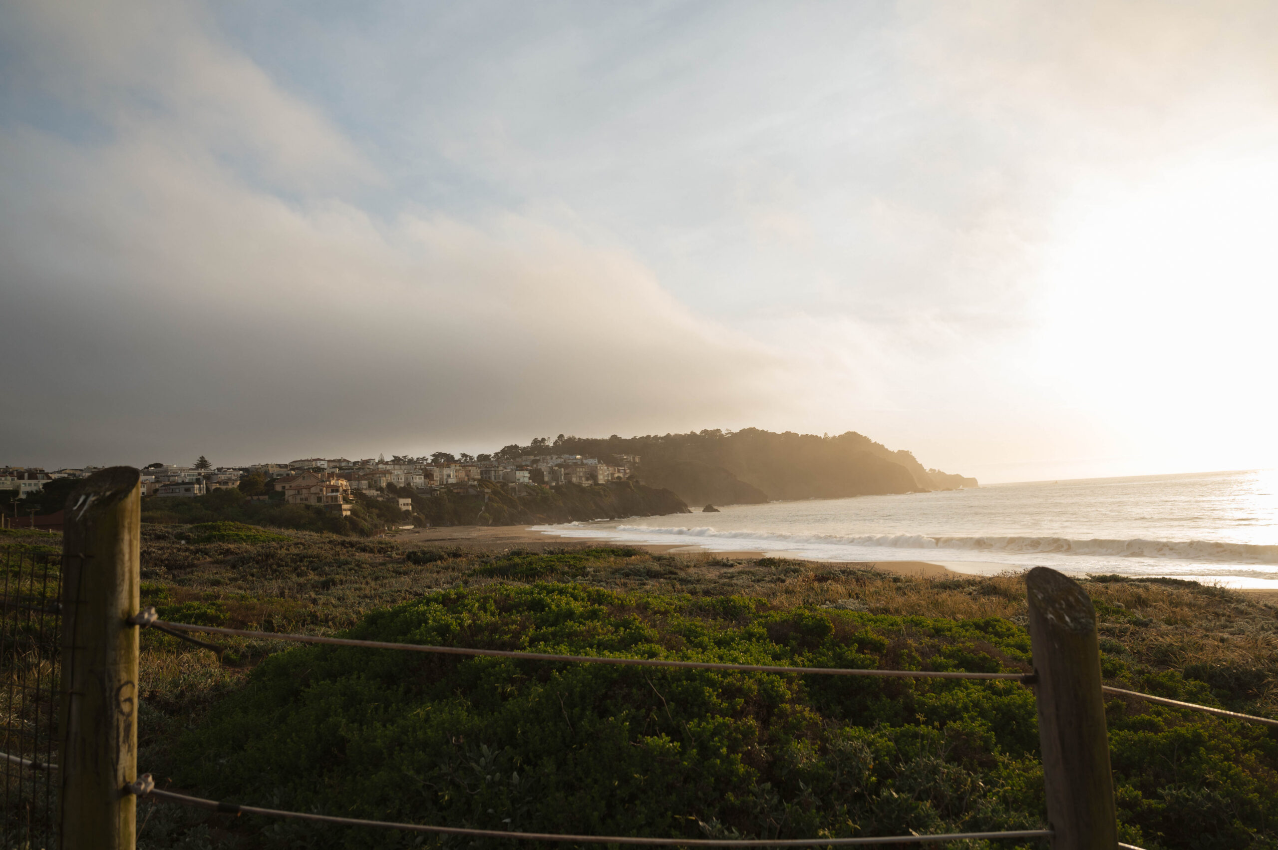 stunning golden hour views of baker beach inside the Presidio in San Francisco
