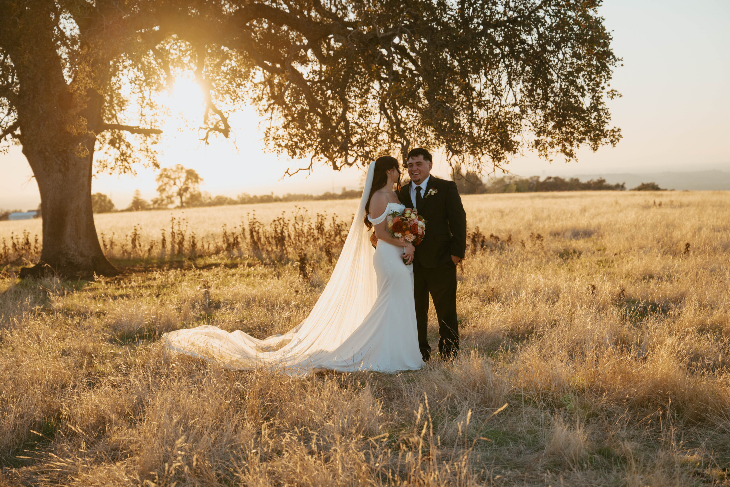 Golden hour bridal portraits upon a hill in Ione California