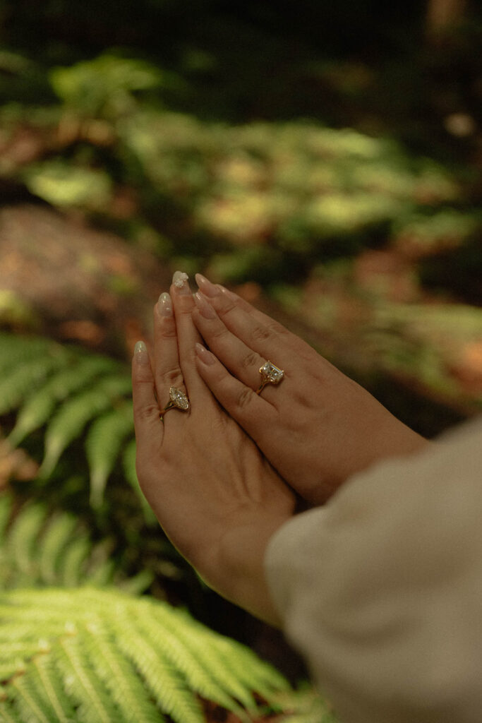 Close-up of an engagement ring on clasped hands surrounded by ferns
